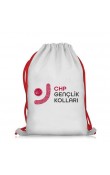 CHP logolu beyaz kırmızı ipli 80-110 gr nonwoven elyaf büzgülü promosyon sırt çantası